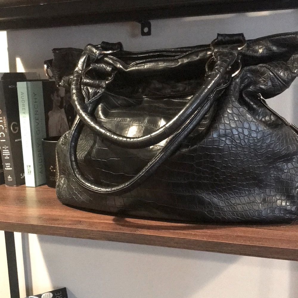 Vintage Deux Lux Black Croco Embossed Satchel